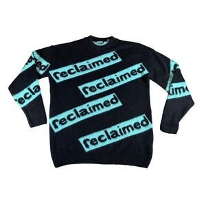 Men's Reclaimed Vintage Black Mint Green Logo Crew Fuzzy Sweater Size S